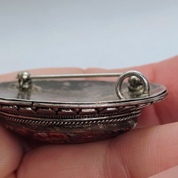 Vtg 925 Sterling Silver Leopard Jasper Brooch Pendant Picture Stone Red Brown - Picture 8 of 9